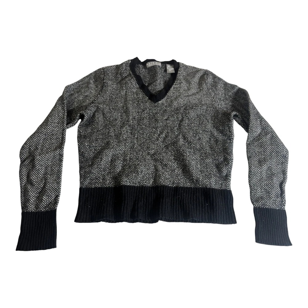 Kate Hill Sweater Women L Black White Extra Fine Italian Merino Wool Herringbone